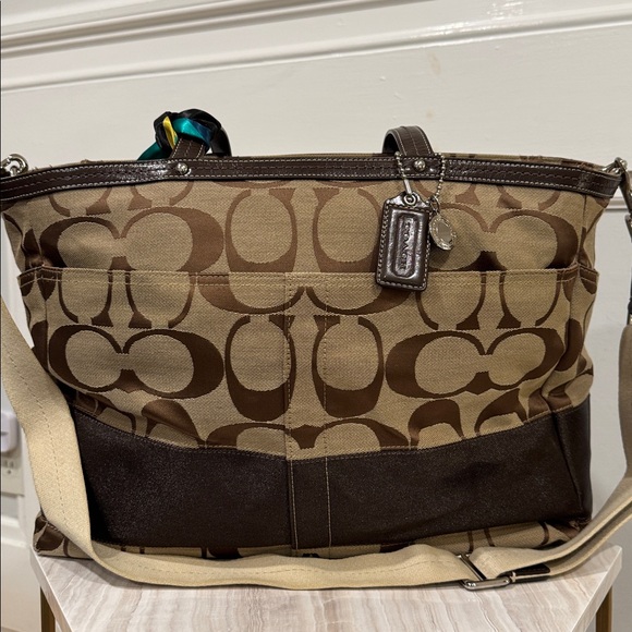 Coach Signature Stripe Baby Diaper Work Travel Large Canvas Brown Tote - Picture 5 of 17